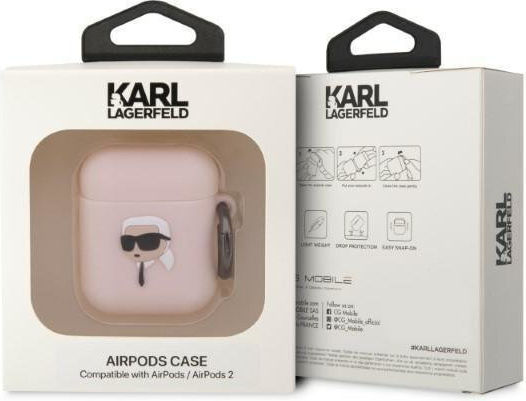 Karl Lagerfeld Karl Head 3D Θήκη Σιλικόνης με Γάντζο σε Ροζ χρώμα για Apple AirPods