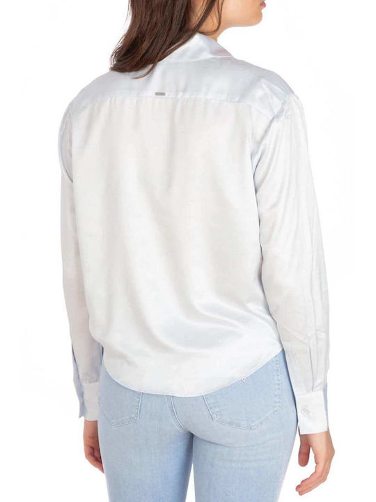 Guess Women's Satin Monochrome Long Sleeve Shirt White