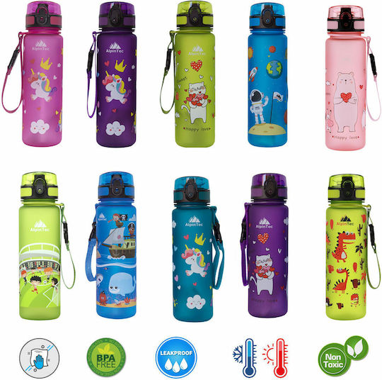 AlpinPro Kids Water Bottle Unicorn Plastic with Straw Non Spill Purple 500ml