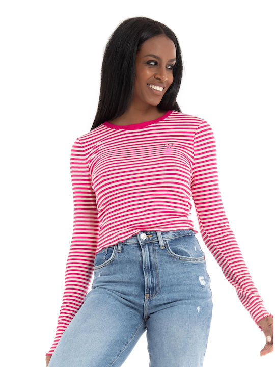 Only Damen Crop Top Langarm Gestreift Fuchsie