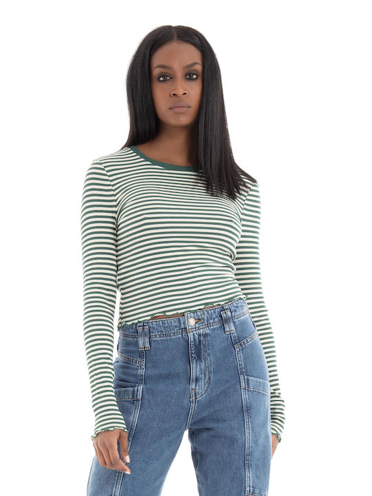 Only Women's Crop Top Long Sleeve Striped White/Green