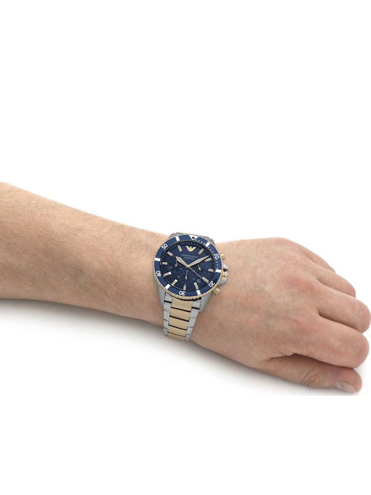 Emporio Armani Diver Ανδρικό Ρολόι 43mm Χρονογράφος Μπαταρίας με Μεταλλικό Μπρασελέ Χρυσό/Ασημί