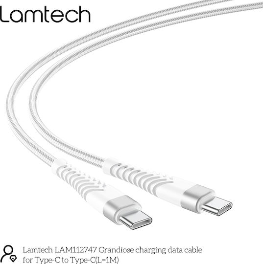 Lamtech Braided USB 2.0 Cable USB-C Male - USB-C White 1m LAM112747