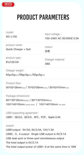 XO Φορτιστής Χωρίς Καλώδιο με 4 Θύρες USB-A Quick Charge 3.0 Λευκός (L100)