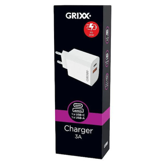 Grixx Φορτιστής Χωρίς Καλώδιο με Θύρα USB-A και Θύρα USB-C 20W Power Delivery Λευκός (GRCHPDUSBCWT01)