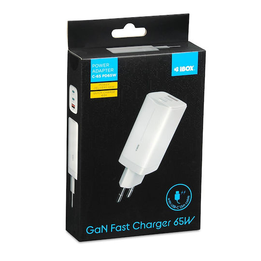 iBox Incarcător Fără Cablu GaN cu Port USB-A și 2 Porturi USB-C 65W Alb