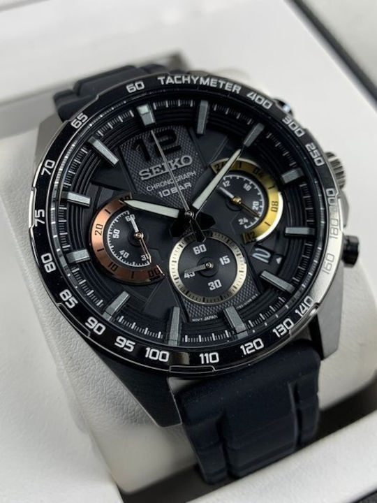 Seiko Мъжки Часовник 43.9mm Хронограф На Батерия С Черна Каучукова Каишка