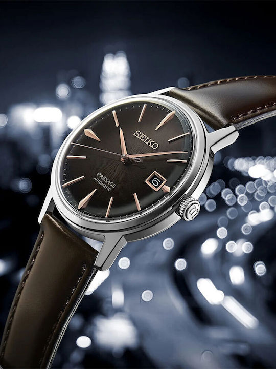 Seiko Presage Basic Line Ανδρικό Ρολόι 39.5mm Αυτόματο με Καφέ Δερμάτινο Λουράκι