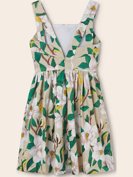 Children's Dress Sleeveless Satin Floral Beige