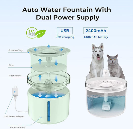 Dogness Water Fountain Αυτόματη Ποτίστρα / Συντριβάνι από Πλαστικό ABS για Σκύλο & Γάτα 2.2lt σε Πράσινο Χρώμα