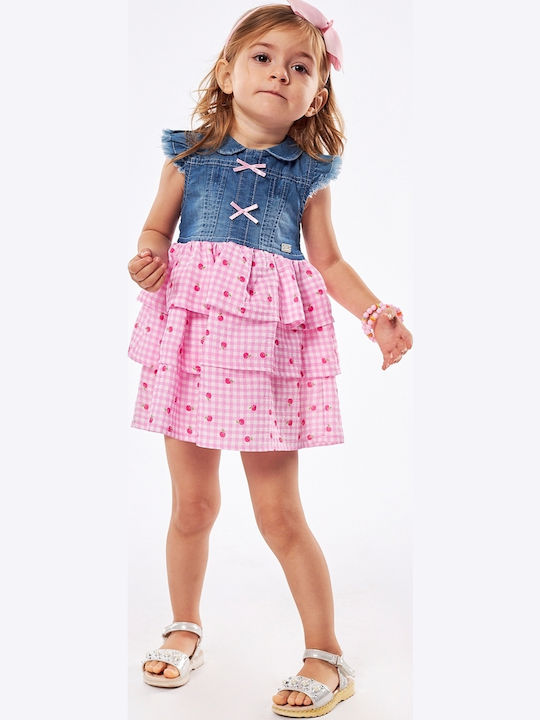 Girls Sleeveless Denim Checked Multicolour Dress