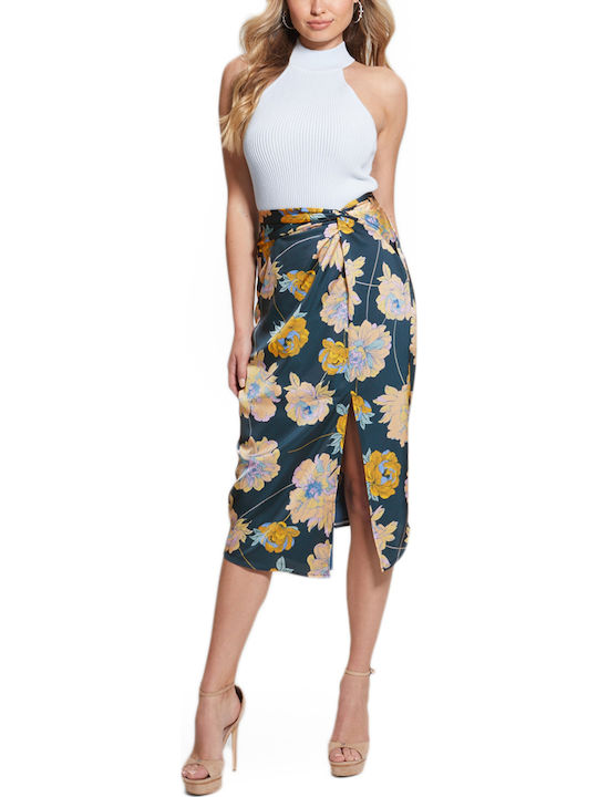 W3RD09WEX62 Satin Pencil High-waisted Midi Skirt Floral Multicolored