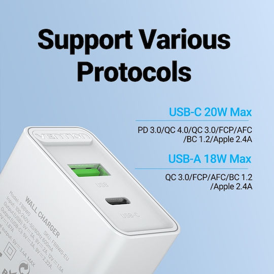 Vention Φορτιστής Χωρίς Καλώδιο με Θύρα USB-A και Θύρα USB-C 20W Power Delivery / Quick Charge 3.0 Λευκός (FBBW0-EU)