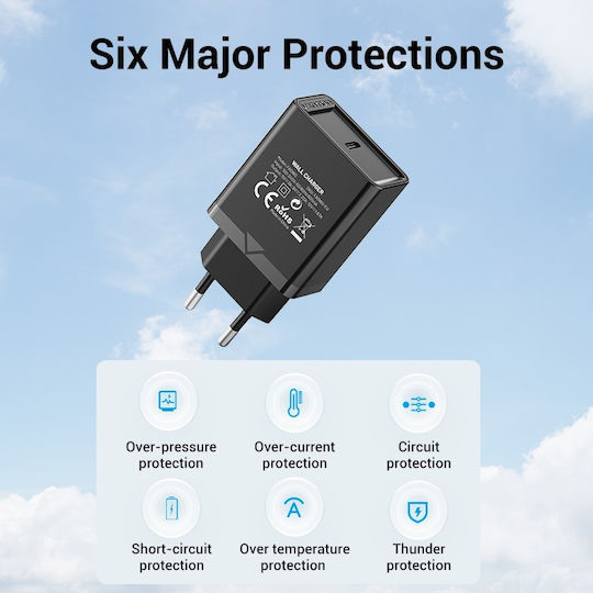 Vention Charger Without Cable with USB-C Port 20W Power Delivery Blacks (FADB0-EU)