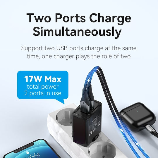 Vention Charger Without Cable with 2 USB-A Ports 18W Quick Charge 3.0 Blacks (FBAB0-EU)