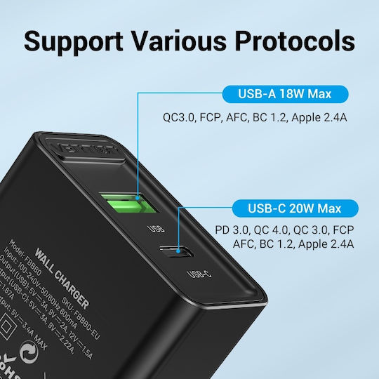 Vention Φορτιστής Χωρίς Καλώδιο με Θύρα USB-A και Θύρα USB-C 20W Power Delivery / Quick Charge 3.0 Μαύρος (FBBB0-EU)