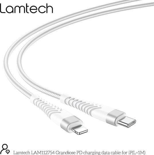Lamtech Плетена USB-C към Lightning кабел Бял 1м (LAM112754)