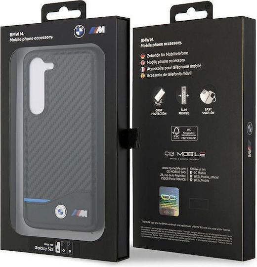 BMW Carbon Umschlag Rückseite Leder / Kunststoff / Silikon Schwarz (Galaxy S23)