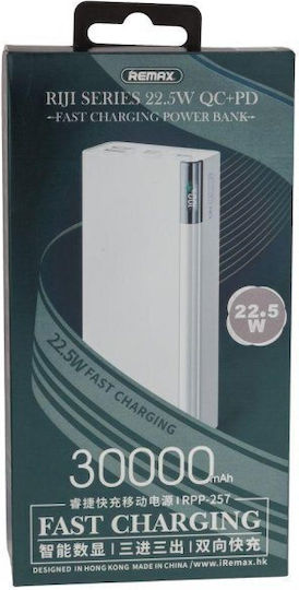 Remax RPP-257 Riji Power Bank 30000mAh 22.5W με 2 Θύρες USB-A και Θύρα USB-C Power Delivery Λευκό