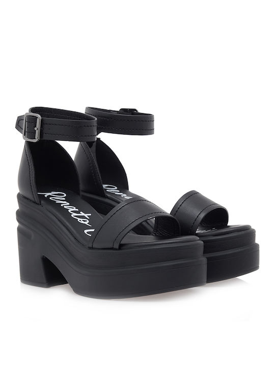 Renato Garini Platform Synthetic Leather Women's Sandals with Ankle Strap Black with Chunky High Heel