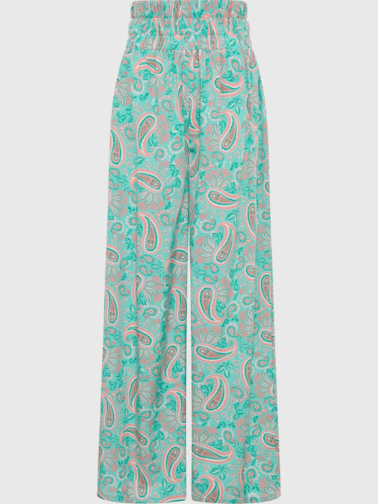 FBL007-11302 Women's High-waisted Fabric Trousers with Elastic in Wide Line Green Fig