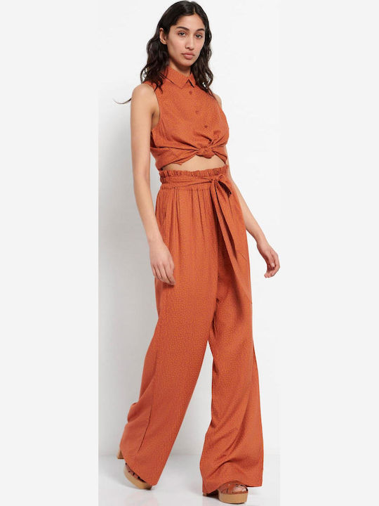 FBL007-12002 Damen Hoch tailliert Stoff Hose mit Gummizug Terracota