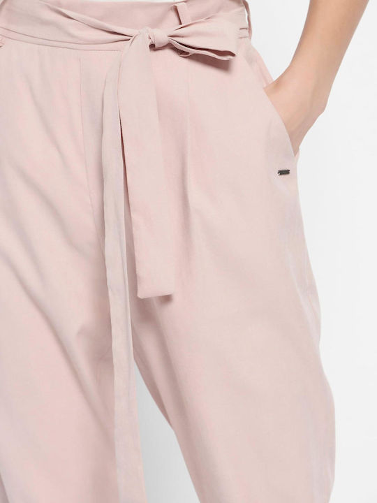 FBL007-10502 Damen Hoch tailliert Stoff Capri Hose mit Gummizug Light Pink
