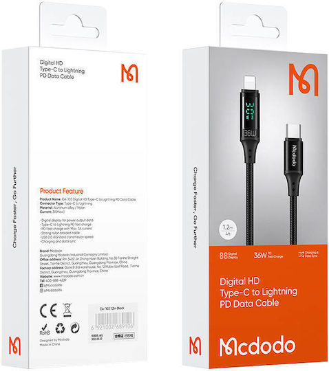 Mcdodo Braided / LED USB-C to Lightning Cable 36W Μαύρο 1.2m (CA-1030)