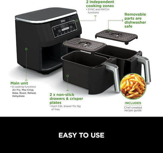 Ninja Foodi Max Dual Zone Air Fryer with Double Detachable Bucket 7.6lt Black