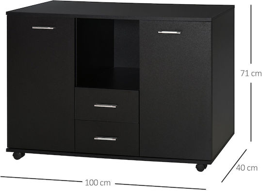 Office Storage Chipboard Cabinet With Wheels & Drawers Black L100xW40xH71cm
