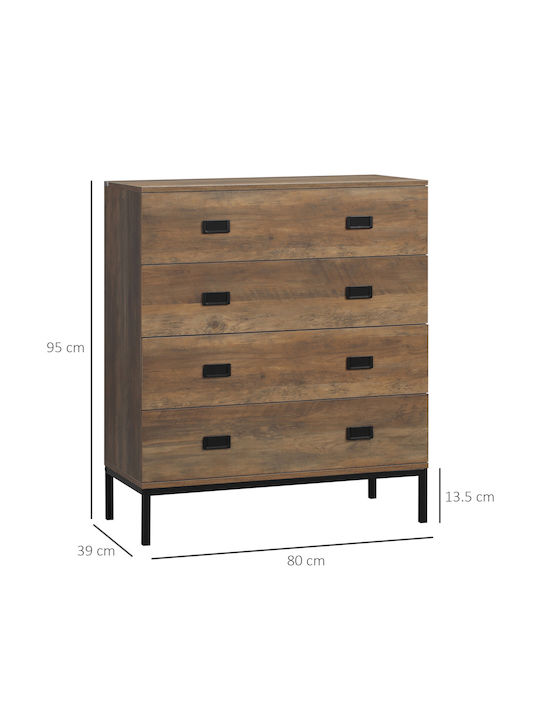 Wooden Bedroom Chest of Drawers With 4 Brown Drawers 80x39x95cm