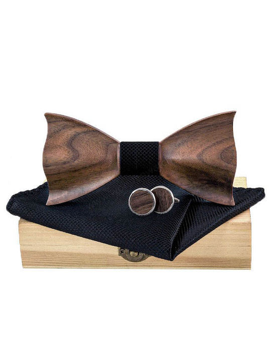 Daponte Wooden Handmade Bow Tie Set with Pochette Black