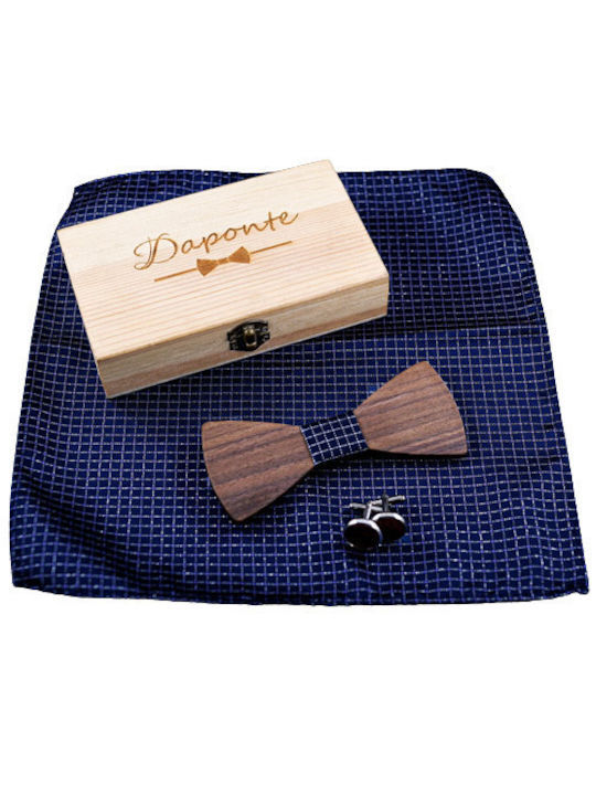 Daponte Handmade Set Papion din lemn cu butoni si batista Albastru marin