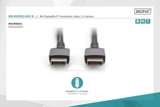 Digitus Cable DisplayPort male - DisplayPort male 3m Μαύρο (DB-340201-030-S)