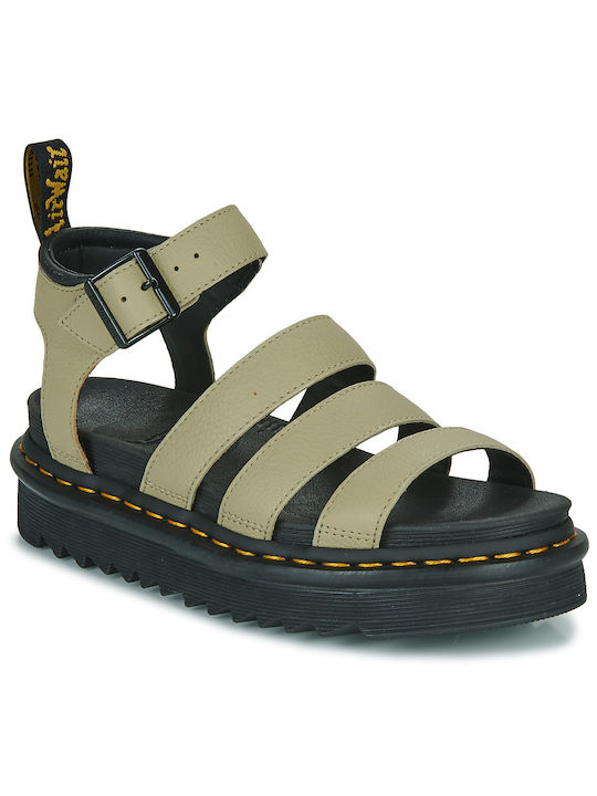 Dr. Martens Blaire Leder Damen Flache Sandalen Flatforms in Grün Farbe