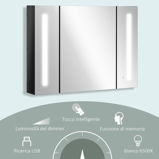 Kleankin 834-416BK Rectangular Bathroom Mirror Led made of MDF with Shelf & Cabinet 90x65cm Black