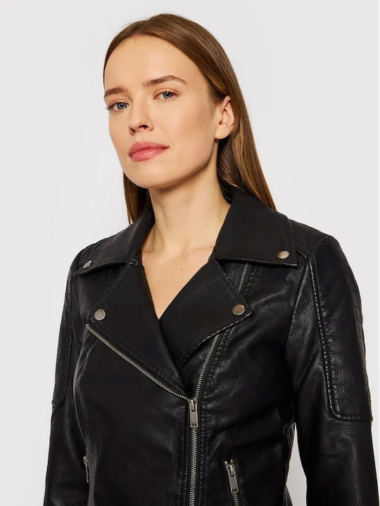 Women's Short Biker Artificial Leather Jacket for Winter Black
