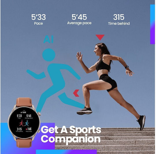 Amazfit GTR 3 Pro Aluminium 46mm Waterproof Smartwatch with Heart Rate Monitor (Brown Leather)
