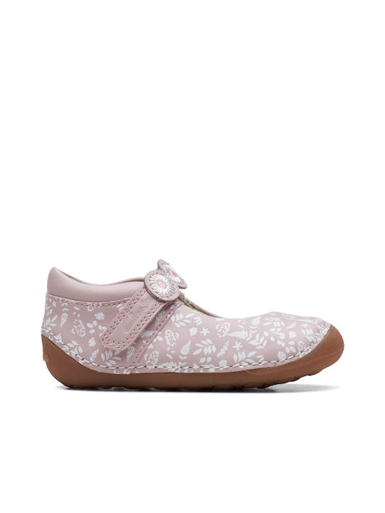 Clarks Kids Leather Ballerinas with Hoop & Loop Closure Pink