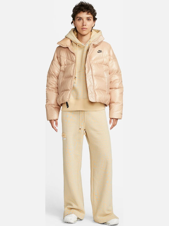 Sportswear Κοντό Γυναικείο Puffer Μπουφάν Αδιάβροχο για Χειμώνα Μπεζ