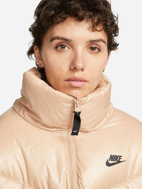 Sportswear Κοντό Γυναικείο Puffer Μπουφάν Αδιάβροχο για Χειμώνα Μπεζ