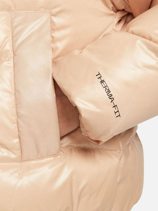 Sportswear Κοντό Γυναικείο Puffer Μπουφάν Αδιάβροχο για Χειμώνα Μπεζ