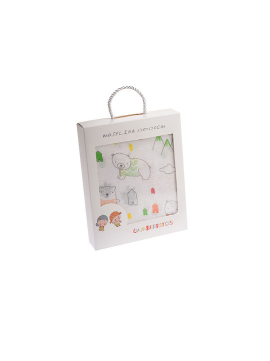 Gamberritos Kids Αρκουδάκια Pătură de îmbrățișare de mușelină în Alb Culoare 120x120cm. 1buc