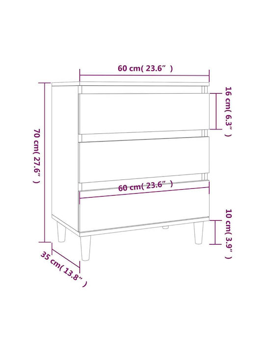 Wooden Chest of Drawers with 3 Drawers White 60x35x70cm