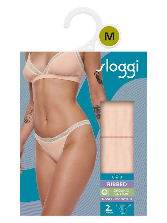 Go Ribbed H Tanga Βαμβακερά Femei Slip 2Pack Roz