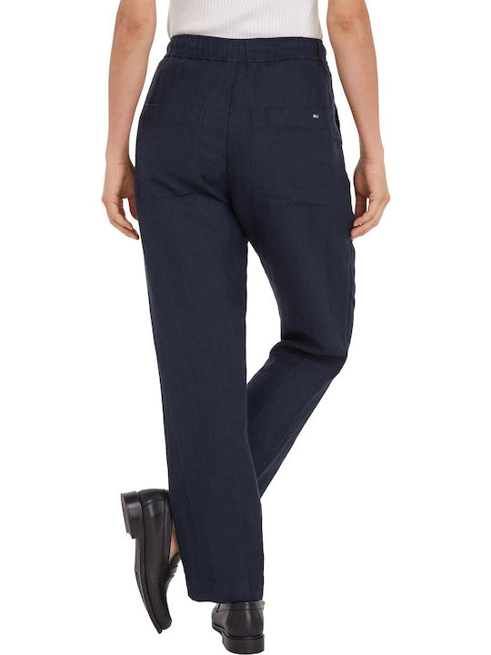 Tommy Hilfiger Women's High-waisted Linen Trousers with Elastic in Boyfriend Fit Navy Blue