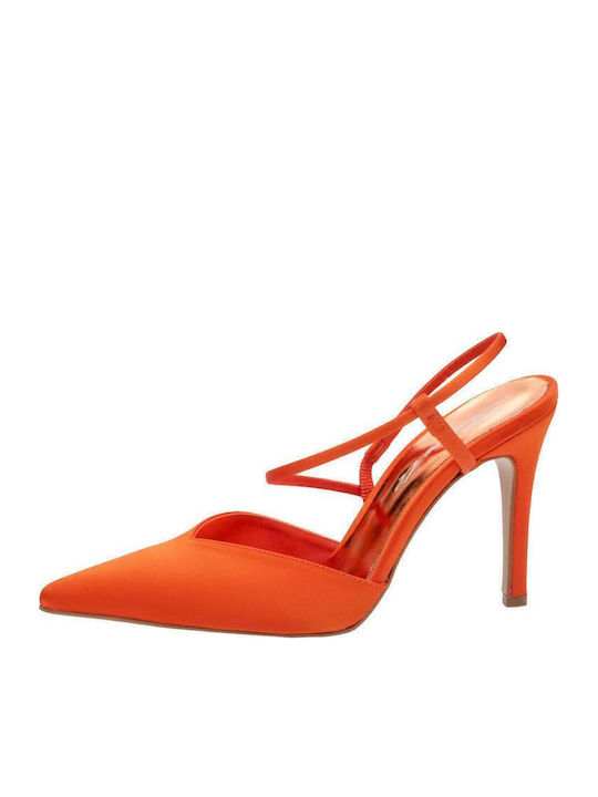 Leather Pointed Toe Stiletto Orange High Heels with Strap