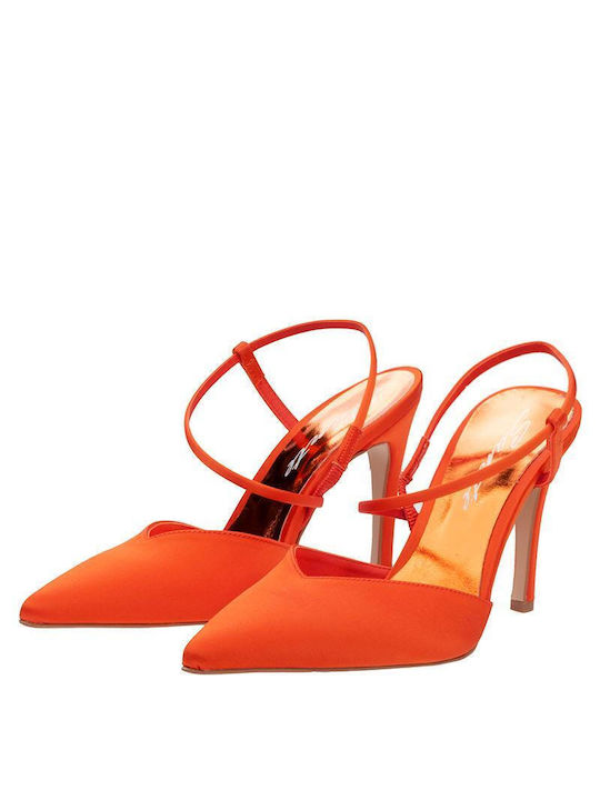 Sante Leather Pointed Toe Stiletto Orange High Heels with Strap