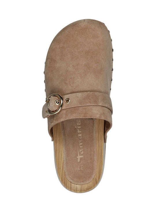 Suede Mules with Chunky Low Heel Camel Suede