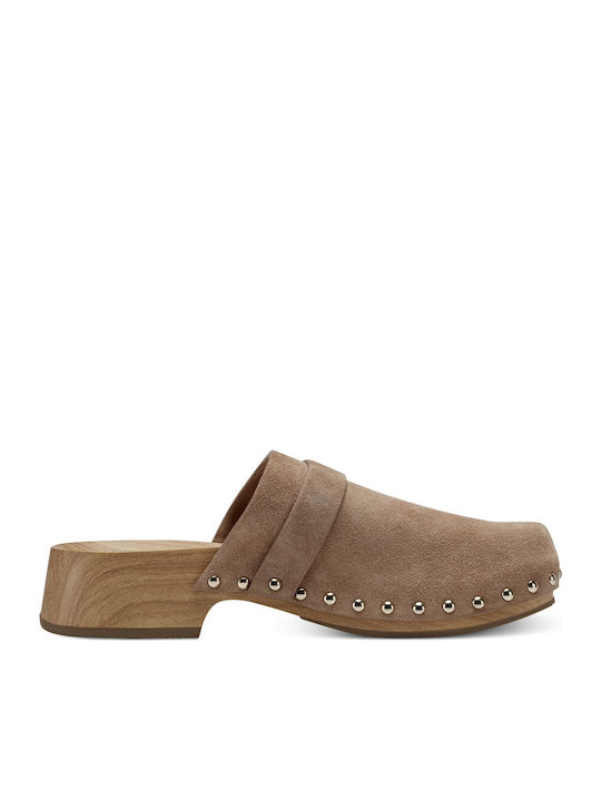 Suede Mules with Chunky Low Heel Camel Suede